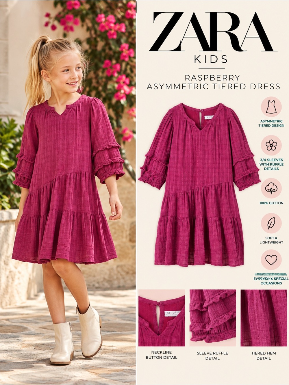 ZARA Kids Raspberry Tiered Ruffle Sleeve Dress Sizes 9 10 NWT 6210/147